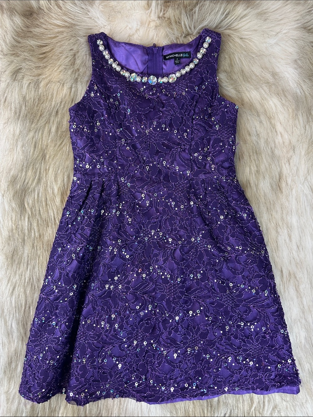 My Michelle Girls Purple Sequin Lace Formal Party Dress Size 7